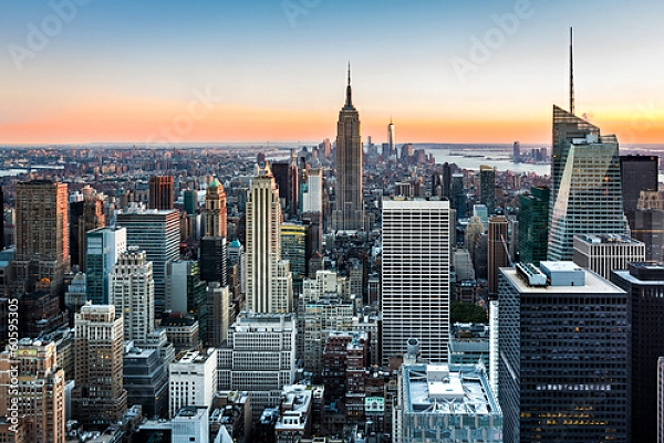 Постер США. Нью-Йорк. Закат на Манхеттене с типом исполнения На холсте без рамы