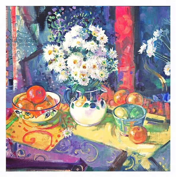 Постер Flowers and Fruit in a Green Bowl, 1997 с типом исполнения На холсте в раме в багетной раме 221-03
