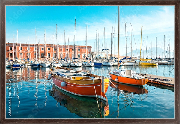 Постер Италия, Неаполь. Street view of Naples harbor with boats с типом исполнения На холсте в раме в багетной раме 221-02