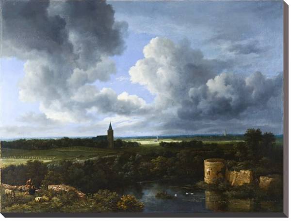 Постер Пейзаж с разрушенным замком и церковью с типом исполнения На холсте без рамы