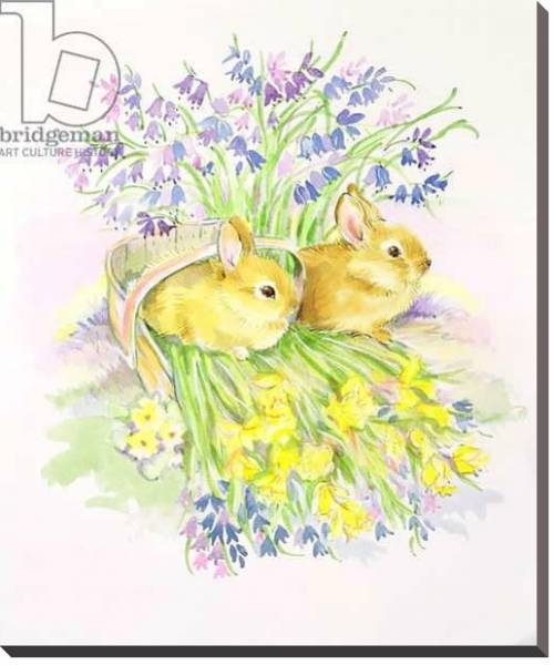 Постер Rabbits in a basket with Daffodils and Bluebells с типом исполнения На холсте без рамы