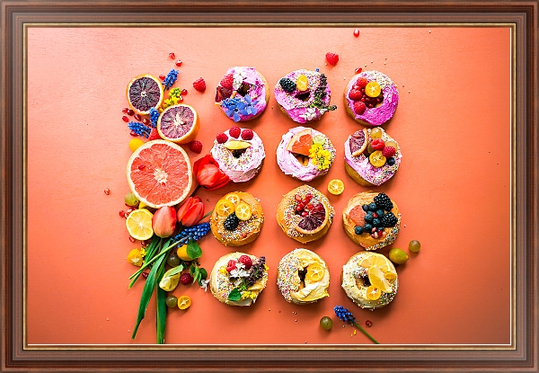 Постер Пончики с фруктами и ягодами с типом исполнения На холсте в раме в багетной раме 35-M719P-83