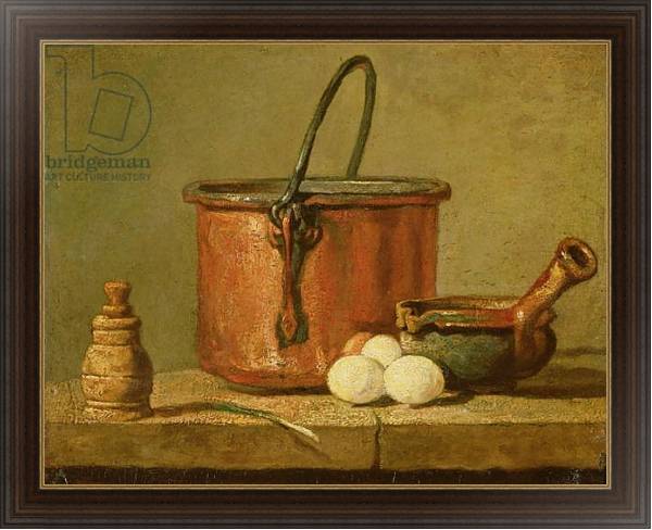 Постер Still Life of Cooking Utensils, Cauldron, Frying Pan and Eggs с типом исполнения На холсте в раме в багетной раме 1.023.151