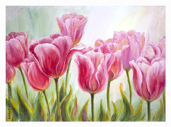 Постер Розовые тюльпаны в поле с типом исполнения На холсте в раме в багетной раме 221-03