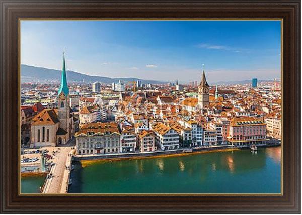 Постер Швейцария, Цюрих. Общий вид города с типом исполнения На холсте в раме в багетной раме 1.023.151