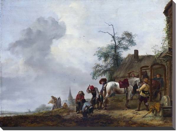 Постер Подковывание лошади у деревенской кузницы с типом исполнения На холсте без рамы