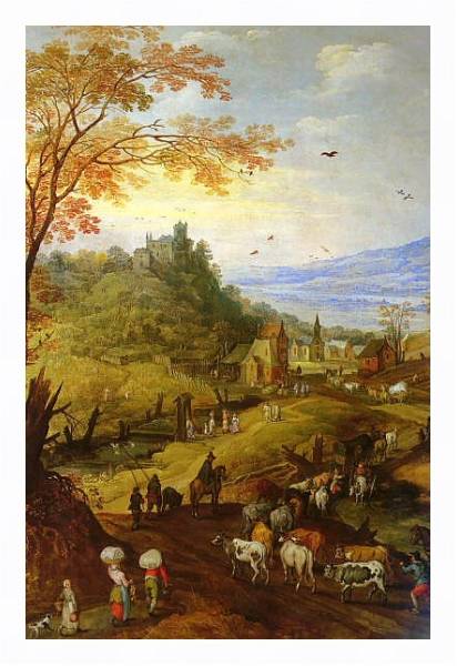 Постер Горный пейзаж со скотом на дороге с типом исполнения На холсте в раме в багетной раме 221-03