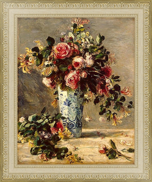 Постер Розы и жасмин в дельфтской вазе с типом исполнения На холсте в раме в багетной раме 484.M48.725