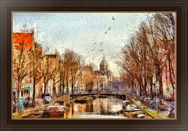 Постер Амстердамский канал на утренней городской улице с типом исполнения На холсте в раме в багетной раме 1.023.151