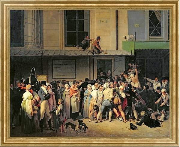 Постер The Entrance to the Theatre de l'Ambigu-Comique before a Free Performance, 1819 с типом исполнения На холсте в раме в багетной раме NA033.1.051