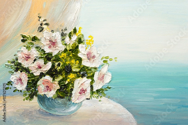 Постер Букет цветов на столе у моря с типом исполнения На холсте без рамы
