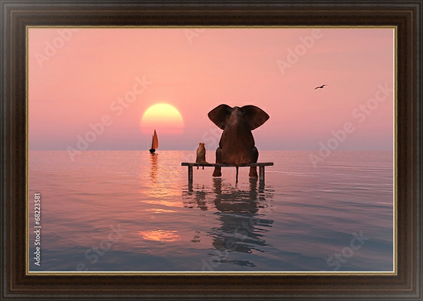 Постер Слон и собака, сидящие посреди моря с типом исполнения На холсте в раме в багетной раме 1.023.151