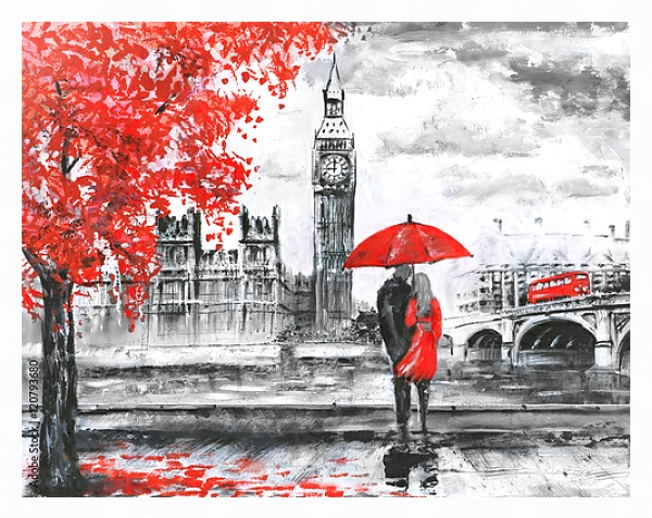 Постер Пара под красным зонтиком в Лондоне с типом исполнения На холсте в раме в багетной раме 221-03