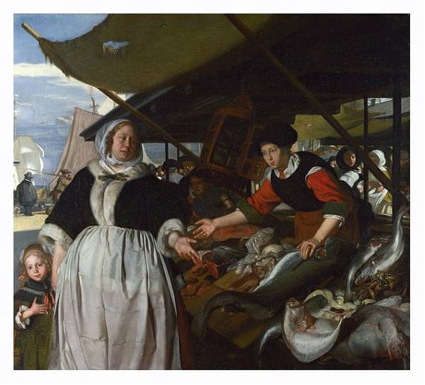 Постер Адриана ван Хьюсден с дочерью на рыбном рынке с типом исполнения На холсте в раме в багетной раме 221-03