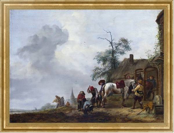 Постер Подковывание лошади у деревенской кузницы с типом исполнения На холсте в раме в багетной раме NA033.1.051