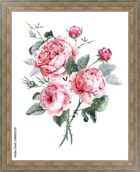 Постер Акварельный букет из розовых роз с типом исполнения На холсте в раме в багетной раме 484.M48.310