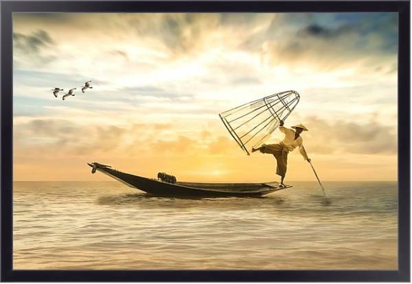 Постер Азиатский рыбак в лодке с сетью с типом исполнения На холсте в раме в багетной раме 221-01