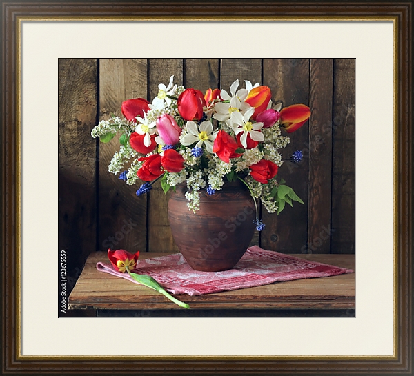 Постер Натюрморт с весенними цветами 1 с типом исполнения Под стеклом в багетной раме 1.023.036