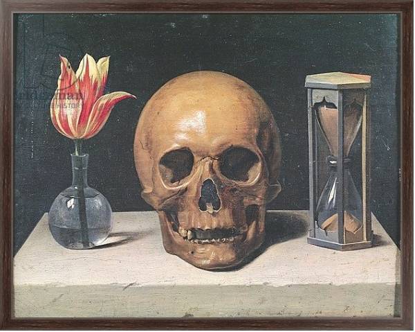 Постер Vanitas Still Life with a Tulip, Skull and Hour-Glass с типом исполнения На холсте в раме в багетной раме 221-02