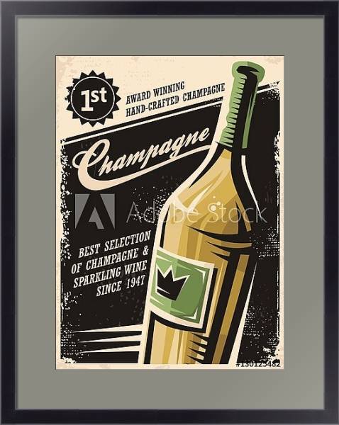 Постер Champagne vintage poster design with bottle and creative typo on dark background с типом исполнения Под стеклом в багетной раме 221-01