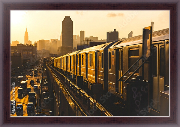 Постер США, Нью-Йорк. Subway Train at Sunset с типом исполнения На холсте в раме в багетной раме 35-M719P-83