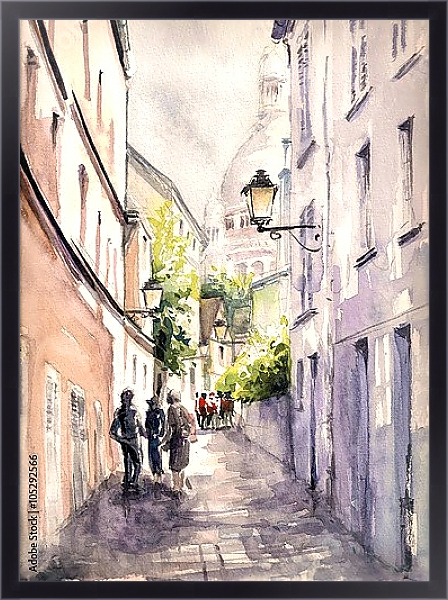 Постер Акварельная улица Парижа с типом исполнения На холсте в раме в багетной раме 221-01