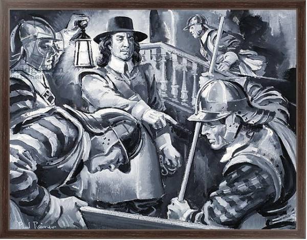 Постер Oliver Cromwell and his Roundheads search a house for Royalists с типом исполнения На холсте в раме в багетной раме 221-02