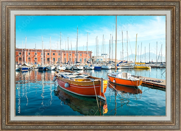 Постер Италия, Неаполь. Street view of Naples harbor with boats с типом исполнения На холсте в раме в багетной раме 595.M52.330