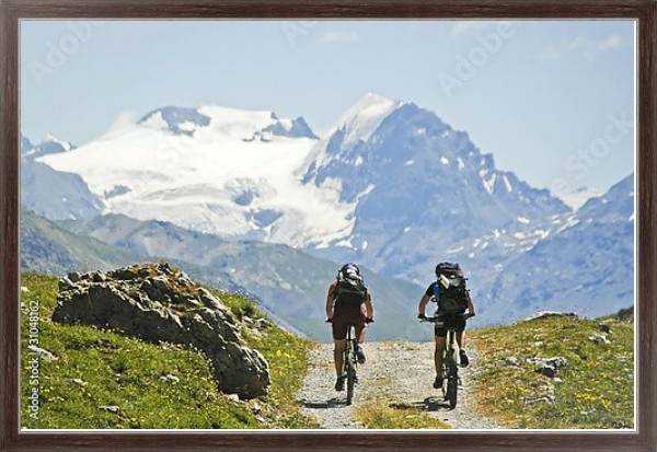 Постер Велосипедисты на фоне горы Ортлер, Италия с типом исполнения На холсте в раме в багетной раме 221-02