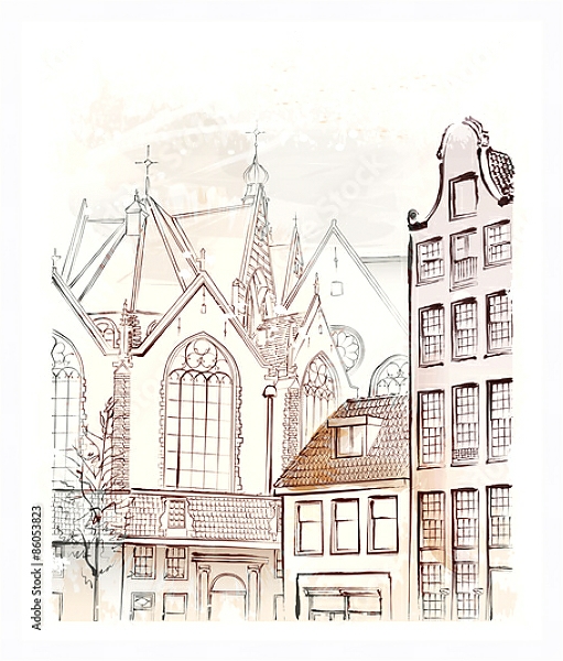Постер Архитектурный эскиз Амстердама с типом исполнения На холсте в раме в багетной раме 221-03