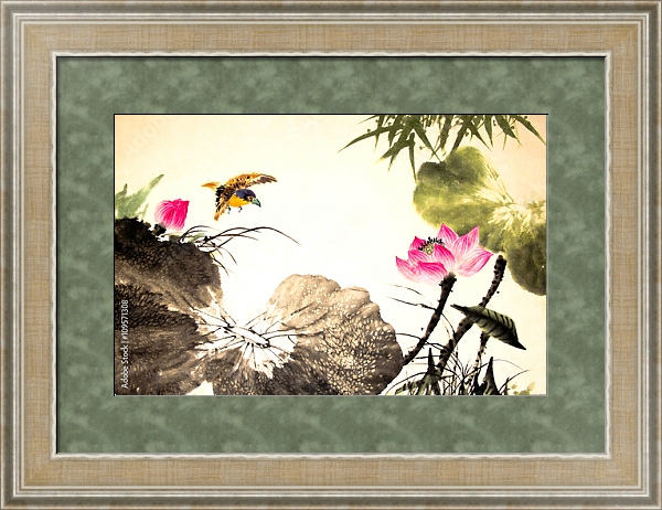 Постер Птица над озером с цветущими лотосами с типом исполнения Акварель в раме в багетной раме 485.M40.584