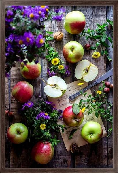Постер Садовые яблочки, полевые цветы, орехи и ноты на столе с типом исполнения На холсте в раме в багетной раме 221-02
