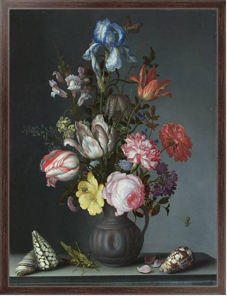 Постер Цветы в вазе с ракушками и насекомыми с типом исполнения На холсте в раме в багетной раме 221-02