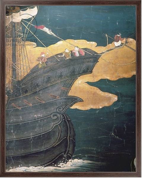 Постер The Arrival of the Portuguese in Japan, detail of ship's prow, from a Namban Byobu screen, 1594-1618 с типом исполнения На холсте в раме в багетной раме 221-02