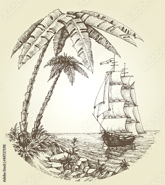 Постер Парусник на морском тропическом побережье с типом исполнения На холсте без рамы