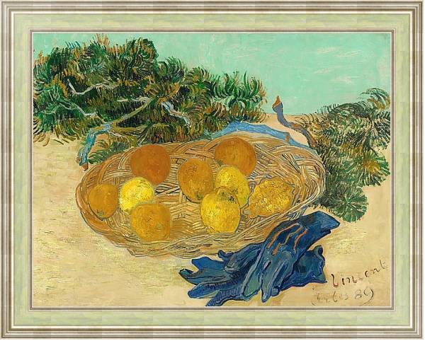Постер Натюрморт с апельсинами, лимонами и синими перчатками с типом исполнения На холсте в раме в багетной раме NA053.0.113