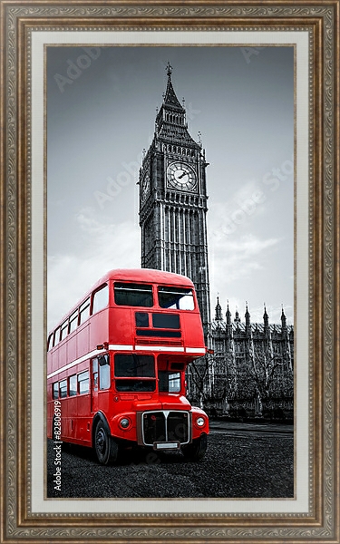 Постер Лондон, Англия. Красный автобус и Биг Бен с типом исполнения На холсте в раме в багетной раме 595.M52.330