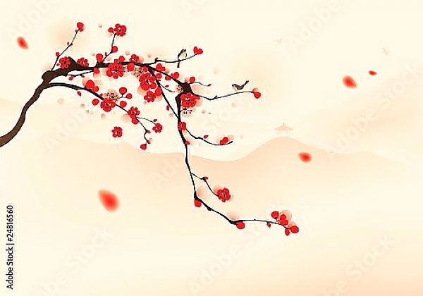 Постер Ветвь цветущей сакуры с типом исполнения На холсте без рамы