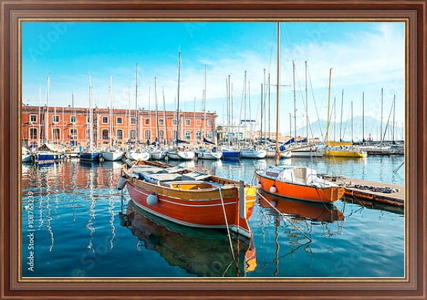 Постер Италия, Неаполь. Street view of Naples harbor with boats с типом исполнения На холсте в раме в багетной раме 35-M719P-83