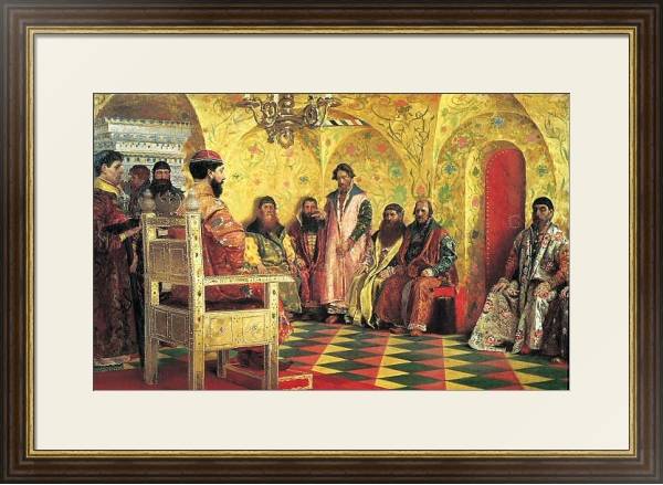 Постер Сидение царя Михаила Федоровича с боярами в его государевой комнате. 1893 с типом исполнения Под стеклом в багетной раме 1.023.036