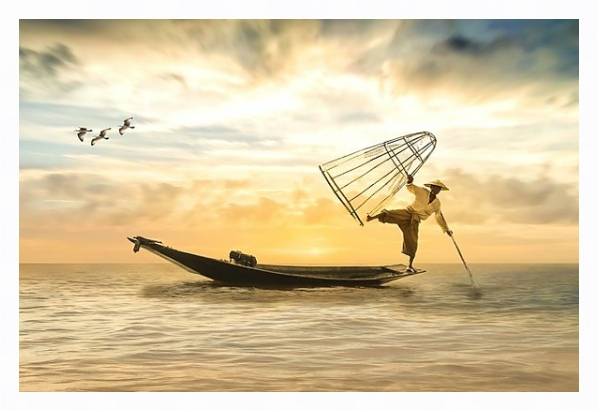 Постер Азиатский рыбак в лодке с сетью с типом исполнения На холсте в раме в багетной раме 221-03