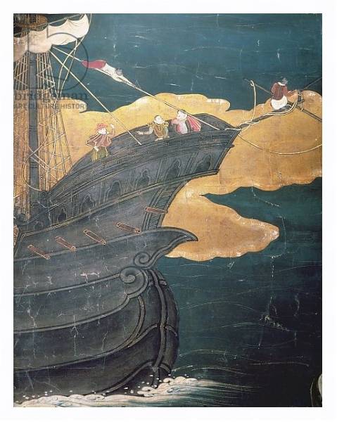 Постер The Arrival of the Portuguese in Japan, detail of ship's prow, from a Namban Byobu screen, 1594-1618 с типом исполнения На холсте в раме в багетной раме 221-03