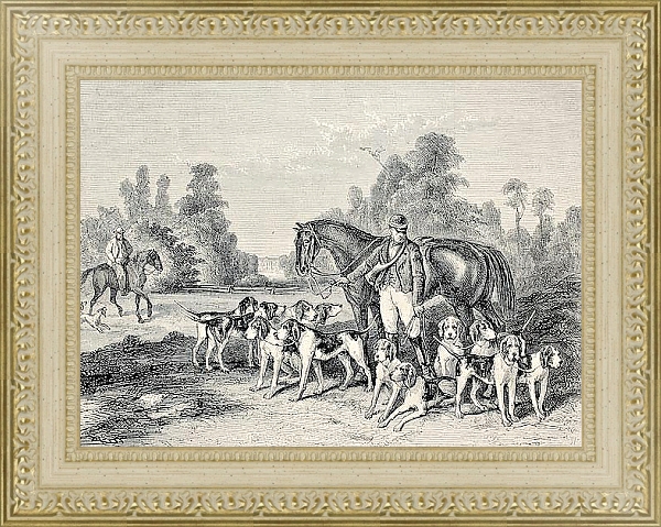 Постер Hunting dog pack .From drawing of Duvaux, engraved by Cosson. Smeeton, published on L'Illustration,  с типом исполнения Акварель в раме в багетной раме 484.M48.725