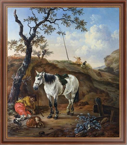 Постер Белая лошадь у спящего мужчины с типом исполнения На холсте в раме в багетной раме 35-M719P-83