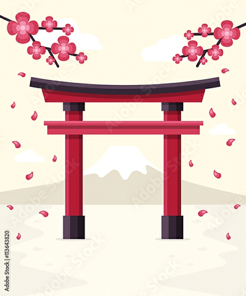Постер Японские ворота Тории на фоне горы Фудзи с типом исполнения На холсте без рамы
