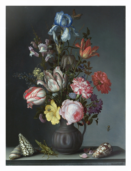 Постер Цветы в вазе с ракушками и насекомыми с типом исполнения На холсте в раме в багетной раме 221-03