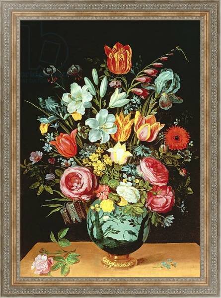 Постер A Still Life of Flowers in a Porcelain Vase Resting on a Ledge с типом исполнения На холсте в раме в багетной раме 484.M48.310