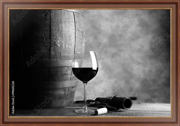 Постер Бокал вина и бочка, чёрно-белая фотография с типом исполнения На холсте в раме в багетной раме 35-M719P-83