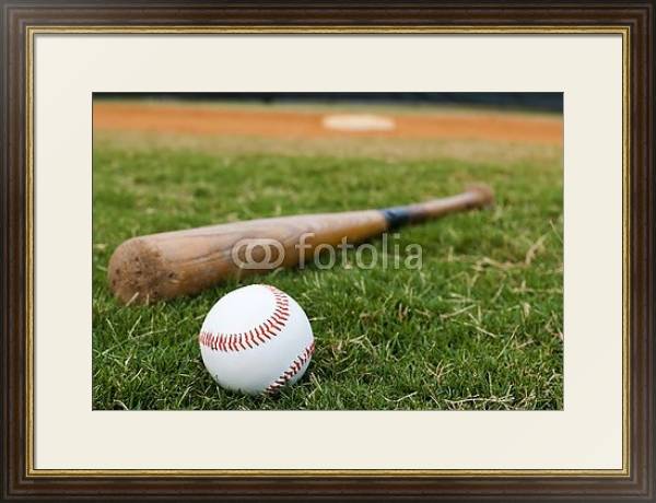 Постер Мяч и бита для игры в бейсбол с типом исполнения Под стеклом в багетной раме 1.023.036
