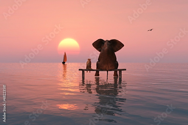 Постер Слон и собака, сидящие посреди моря с типом исполнения На холсте без рамы